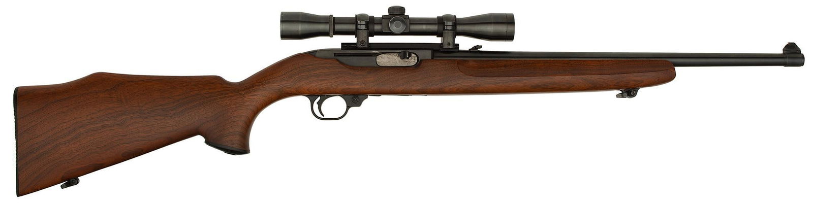 *Ruger .44 Magnum Model 10/22 with Leupold Scope: .44 Magnum Caliber, 18.5" barrel, S/N135588. Blue finish plain walnut stock. This rifle shows very little wear if any. Like new condition with mint bore.