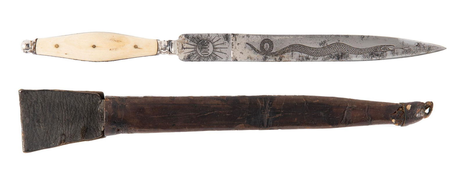 Spanish Dagger: 7" spear point blade marked Salva Vida. Bone handle in a leather sheath. Very good condition.