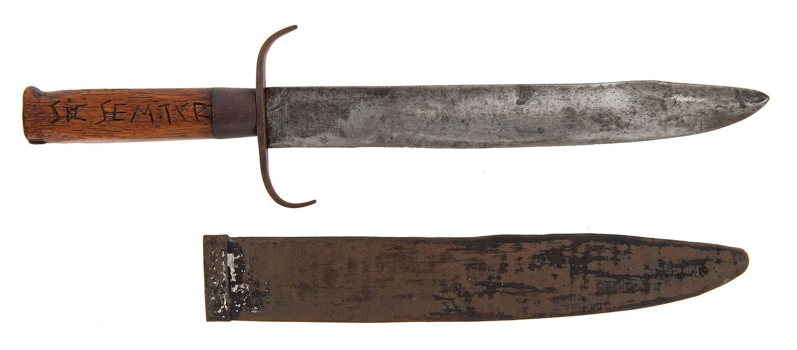 Confederate Bowie Knife: 11" spear point blade made from a file by a blacksmith. Hickory wood handle with iron ferule and guard. A tin metal sheath with belt loop mounted on the reverse of the sheath. The handle has some