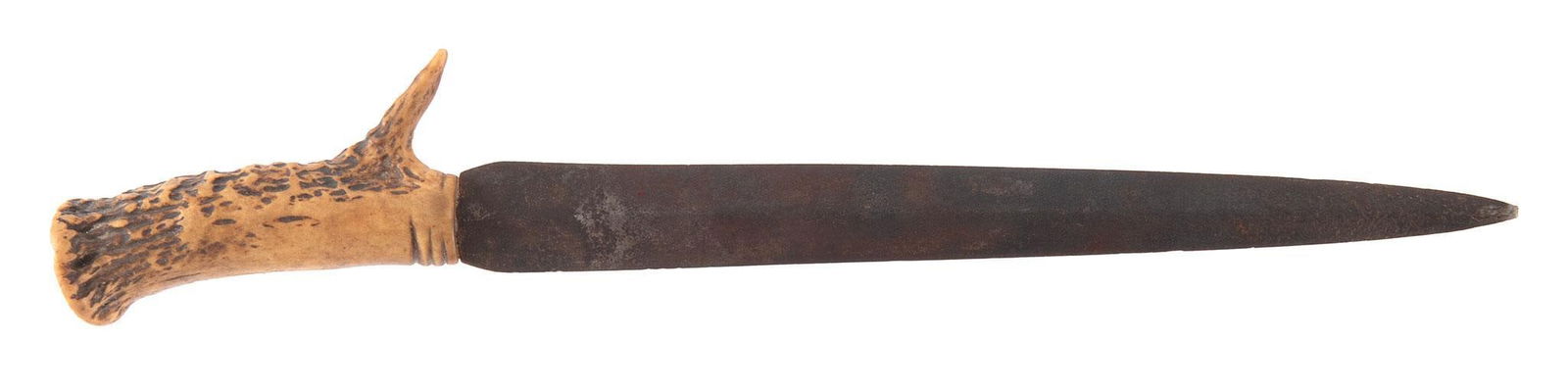 Stag Handled Hunting Knife: 11" spear point blade, Stag handle. Nicely aged and is old. A nice piece of American folk art.