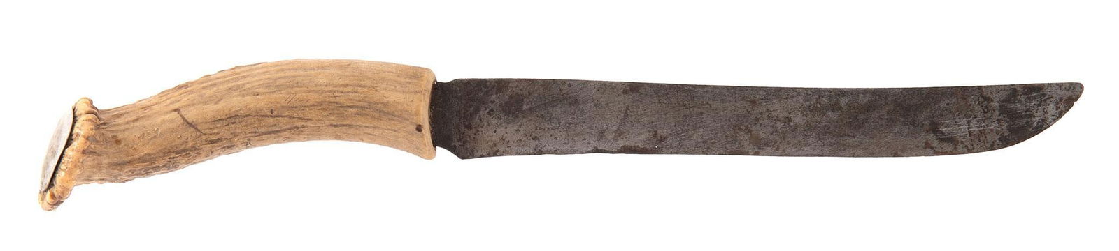 Stag Handled Hunting Knife: 8.25" blade length, stag handle. The blade is mostly gray with some staining. The handle with nice patina.