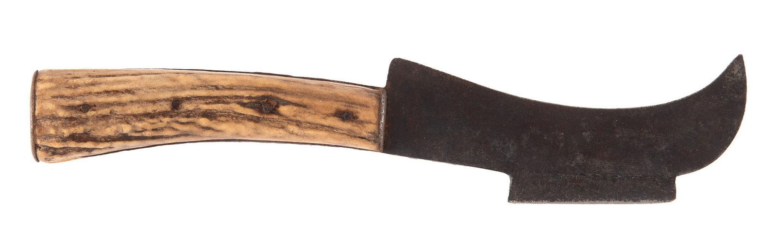Stag Handled Skinning Knife: 5.5" blade with hawkbill sharp edge and on the other side is a 2.5" drawn blade. Stag handle. This knife has a natural brown patina. Overall very good.