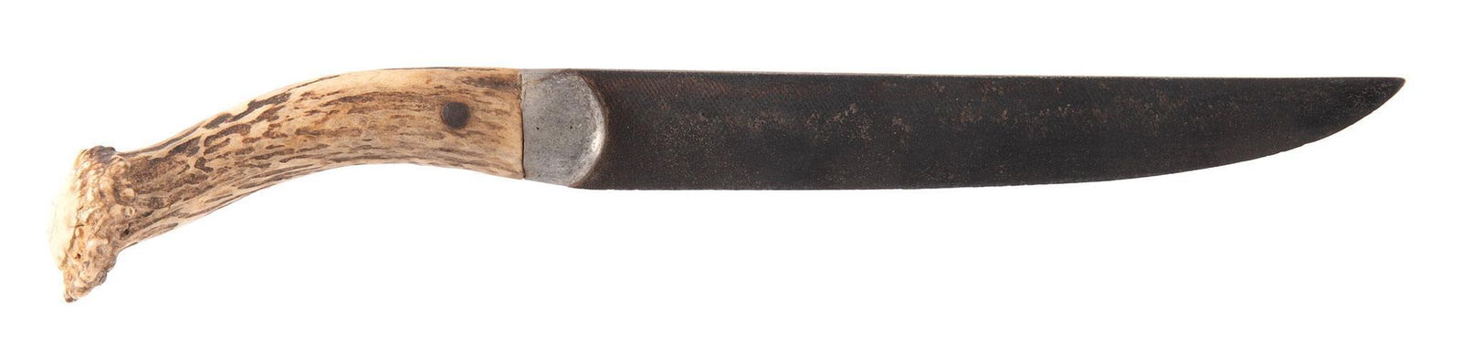 Primitive Stag Handled Hunting Knife: 7.5" clip point blade, Stag handle. The blade is brown with staining. The handle has nice aged look.