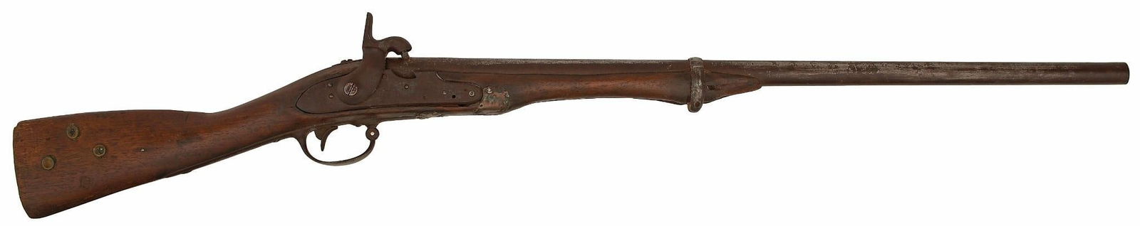 Reservation Or Trade Musket: .69 caliber, 28" barrel, NSN. Belgium style conversion with nipple in the top of the barrel. Lockplate dated 1819, Springfield. The stock has been cutdown, the barrel shorten brass tacks in the