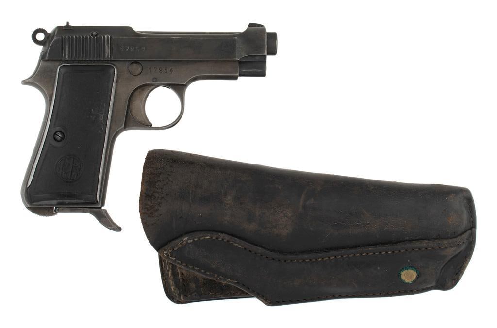 **WW2 Era Beretta M1934 Brevet Pistol: 9mm Corto/.380acp, 3 3/8" Barrel, S/N:17254. P. Beretta Model 1934 Brevettato semi-automatic pistol. Matching serial numbers. Dated "1941" & comes with one 8-round magazine and a commercial modern