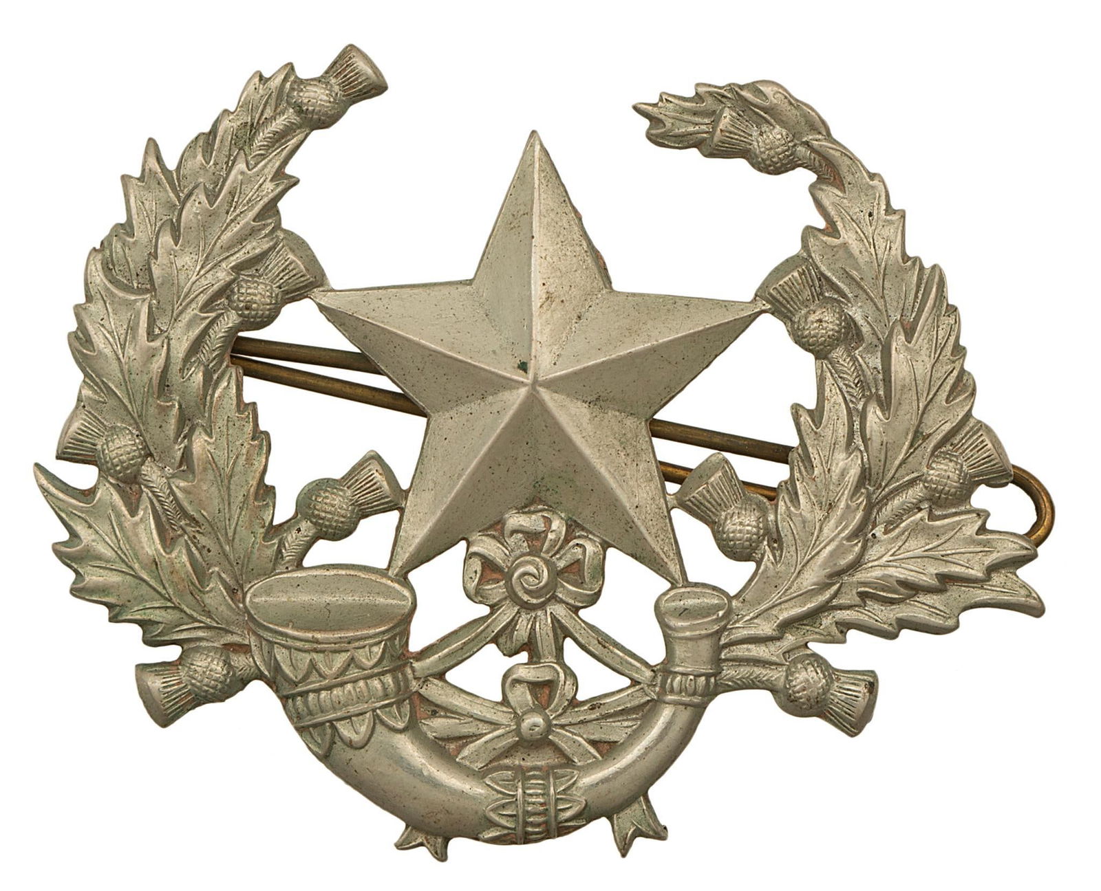 British Army Cameronians Scottish Rifles Glengarry Badge, After 1881: A stamped metal British Army Cameronians Scottish Rifles Glengarry badge, post-1881. Good condition. 2.75 x 2."