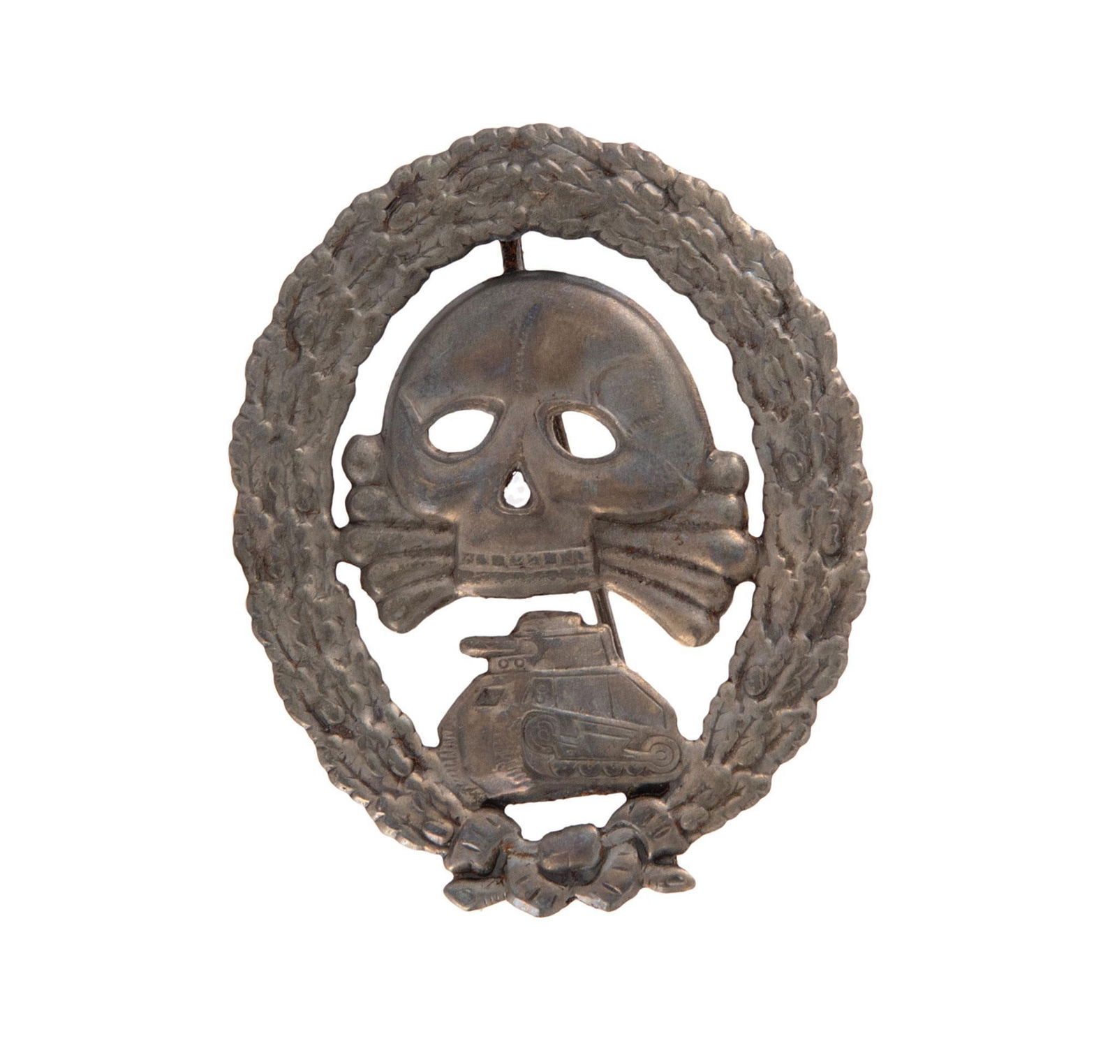 German WWII Spanish Condor Legion Tank Assault Badge: Lot includes German WWII Spanish Condor Legion Tank Assault Badge. Measures 1 7/8'' wide by 2 3/8''. The front shows a jawless skull and cross bones in the center with a tank below. Both are surrounde