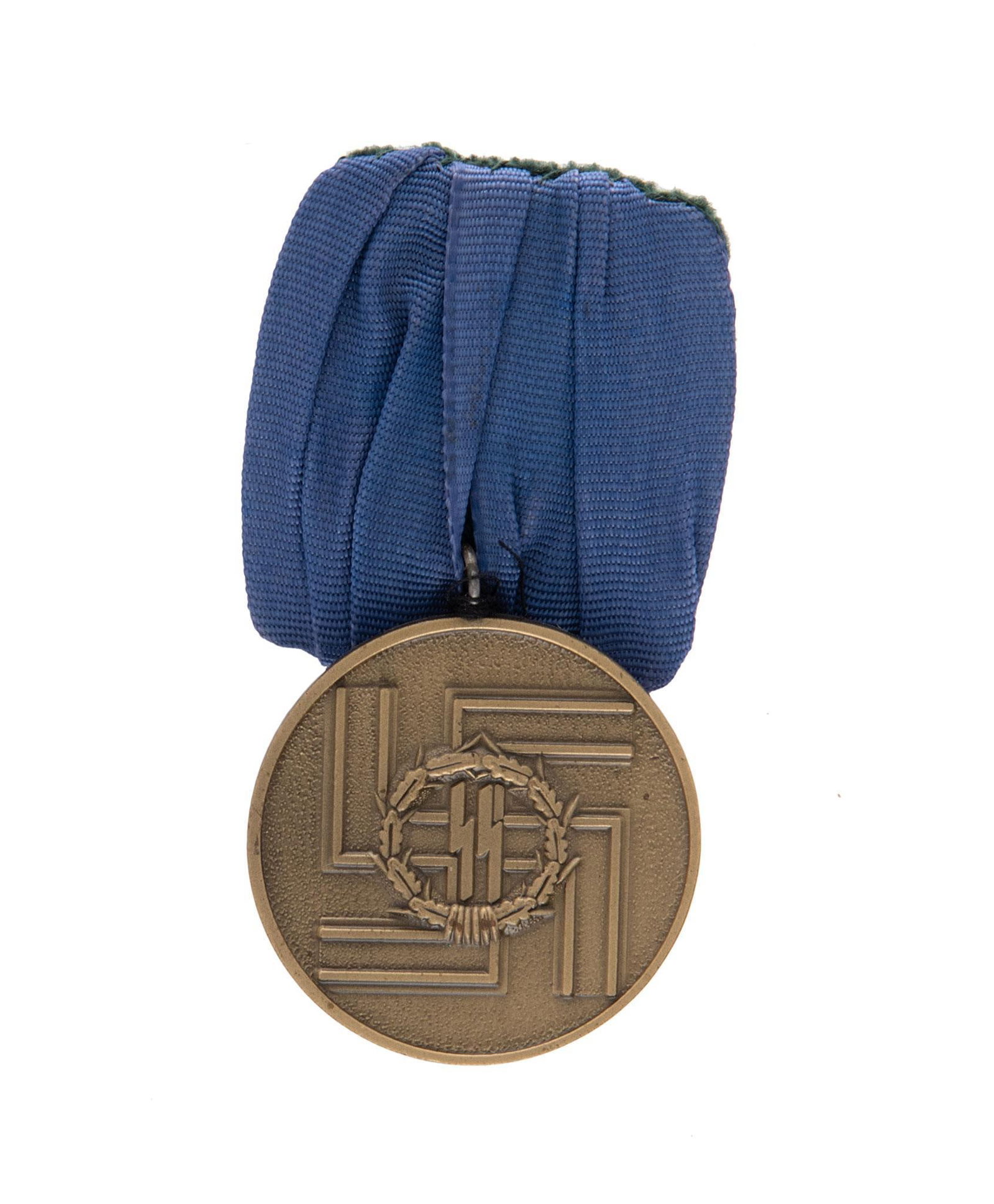 German WWII Waffen SS 8 Year Long Service Award: Lot includes a German WWII Waffen SS 8 Year Long Service Award. The medal measures 1 1/2'' in diameter. The front shows a swastika with a pair of Waffen SS runics in the center. They are surrounded by