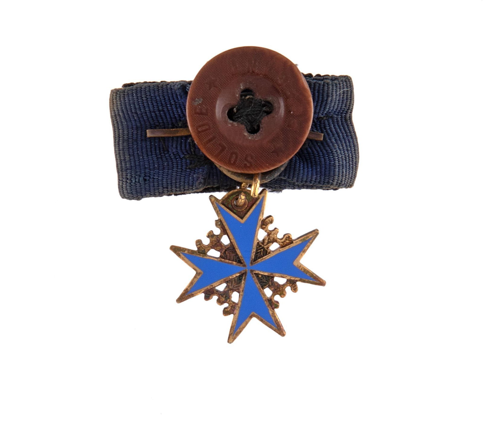 Rare Imperial German WWI Miniature POUR LE MERITE Blue Max Lapel Decoration: Measures 13/16'' wide by 13/16'' tall. The front shows a maltese cross with an eagle in each corner. It shows a King's crown with an 'F' on the upper arm. It reads 'Pour Le Merite' on the other three 