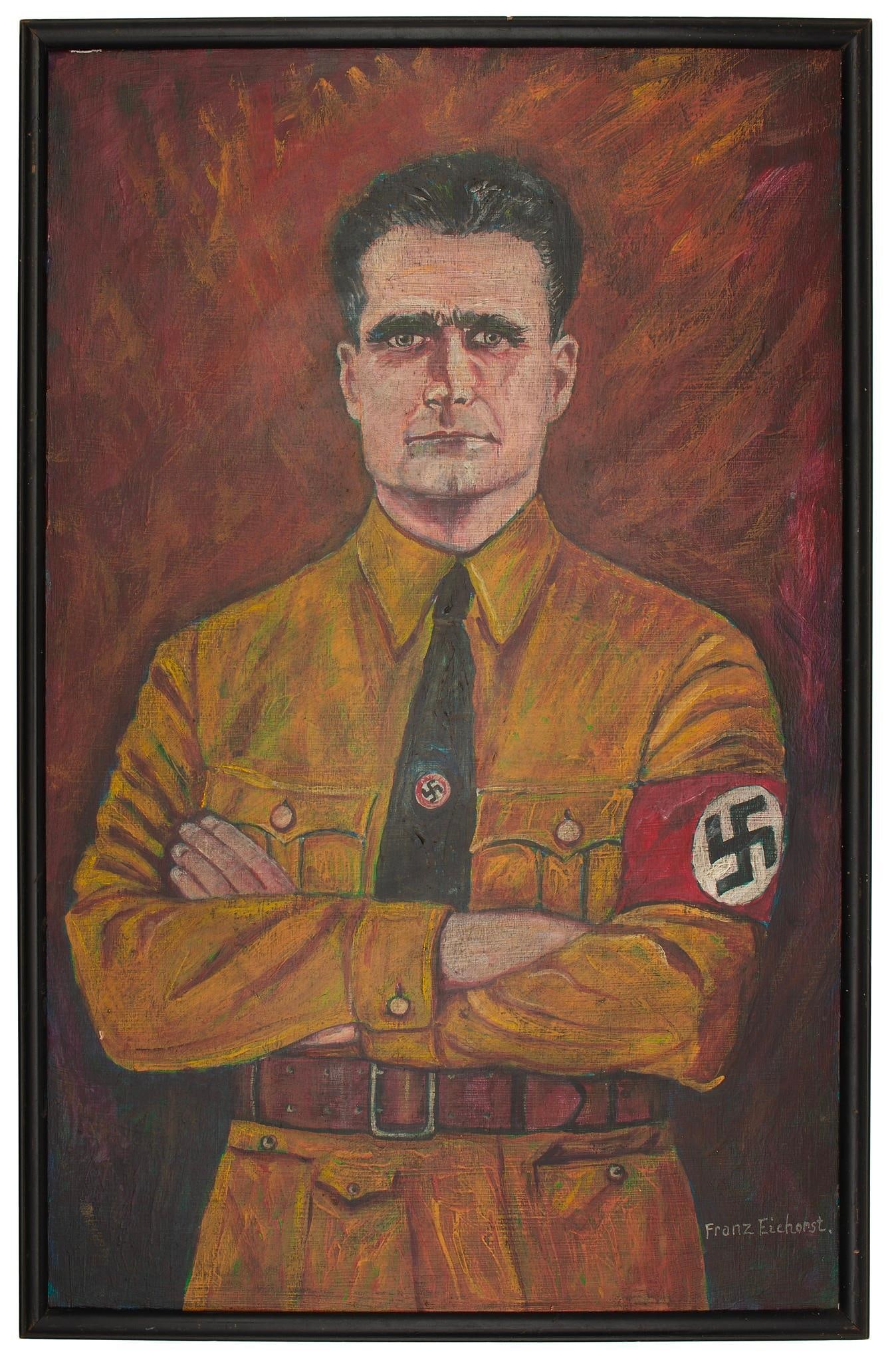 Oil Painting Portrait of Rudolf Hess by Franz Eichorst: Portrait of Rudolf Hess Oil on Board Singed l.r. 21.5 x 14 inches (sight) 25.5 x 15 inches (frame) Overall good condition. Provenance: Portrait reportedly found in Herman Goerings House in Berchtesgra