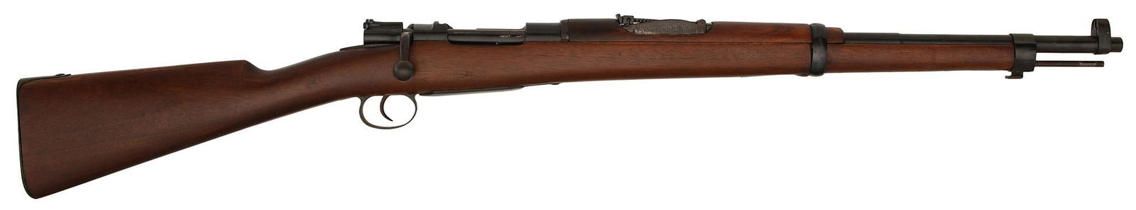 Spanish Oviedo 93 Mauser Carbine: 7mm Mauser caliber, 21.5" barrel length, S/N OT-2875 (matching). Front post hood sight and rear notched elevated sight. Blue finish with walnut straight wrist stock. Sling swivels remain. Very good re