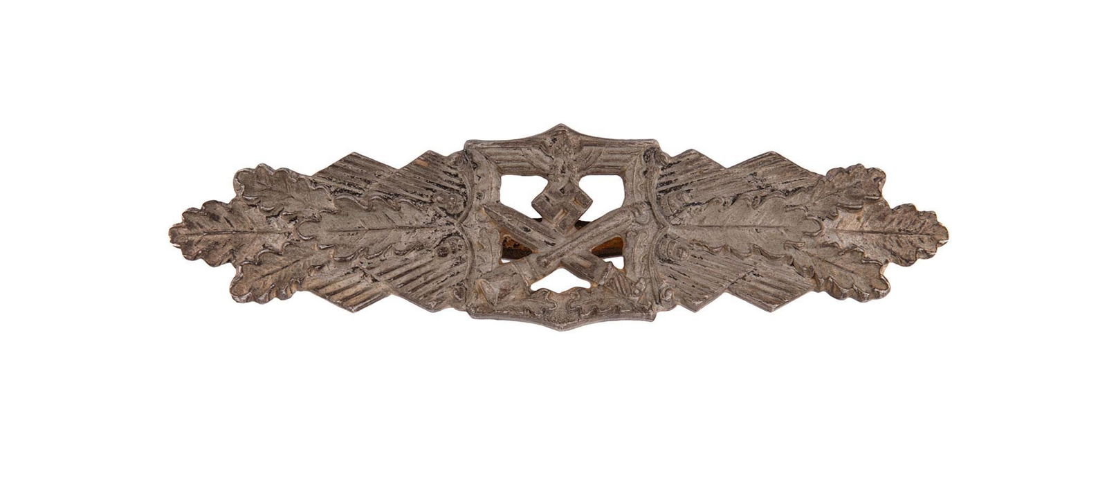 German WWII Army Silver Close Combat Clasp: Lot includes a German WWII Army Silver Close Combat Clasp. Measures 3 3/4'' wide by 1'' tall. The front has a German eagle clutching a swastika in his talons at the top with a cross bayonet and stick