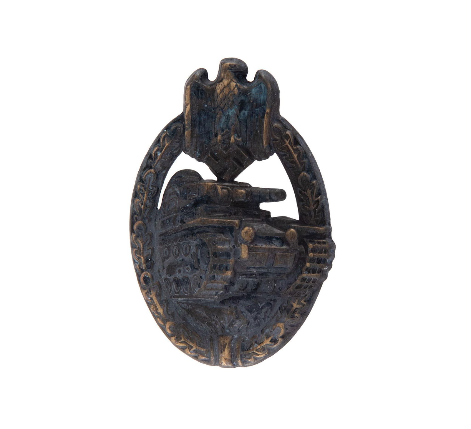 German WWII Army HEER Bronze Tank Assault Badge: Lot includes a German WWII Army HEER Bronze Tank Assault Badge. Measures 1 5/8'' wide by 2 3/8'' tall. The front shows a tank in the center with an army eagle clutching a swastika in his talons at the