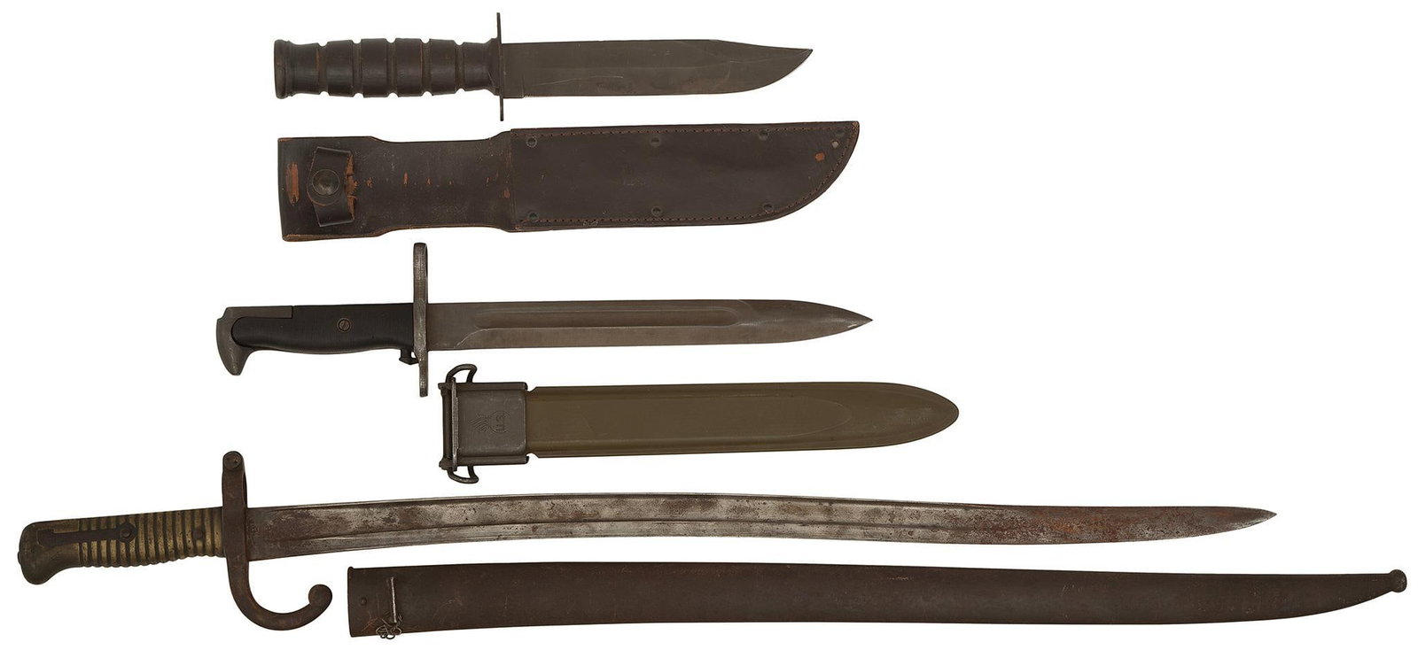 Lot of 3 Bayonets: Lot includes 1 bayonet for M1 Garand with US Markings & scabbard, 1 fighting knife with leather scabbard, and 1 French Bayonet unmarked with metal scabbard. Longest measures 28"