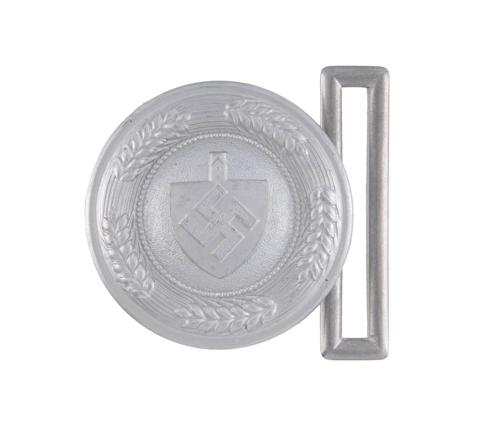 German WWII RAD Labor Korps Officers Belt Buckle: German WWII RAD Labor Korps Officers Belt Buckle. Measures 1 7/8'' in diamter. The front shows a shovel with a swastika in the center. Both are surrounded by a round wheat stock wreath. Includes one