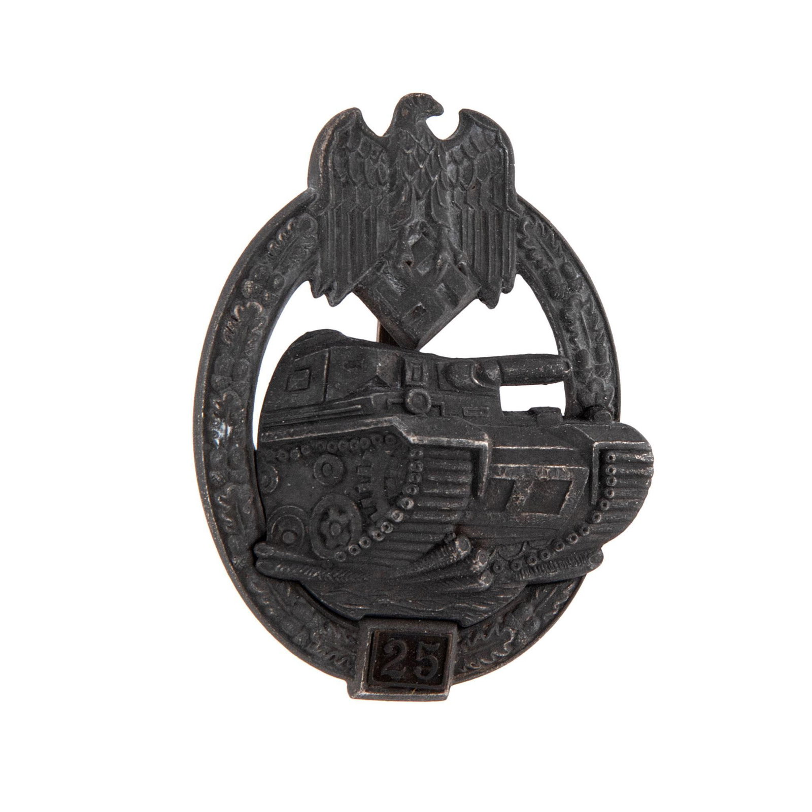 German WWII Army HEER Silver 25 Tank Assault Badge: Lot includes a German WWII Army HEER Silver 25 Tank Assault Badge. Measures 1 3/4'' wide by 2 3/8'' tall. The front shows a tank in the center with a German eagle clutching a swastika in his talons