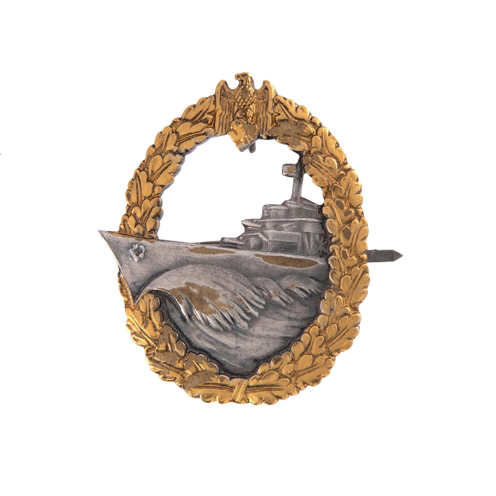 German WWII Naval Kriegsmarine Destroyer Badge: Lot includes German WWII Naval Kriegs marine Destroyer Badge. Measures 1 5/8'' wide by 2 1/16'' tall. The front shows the profile of a destroyer in the center with a German eagle clutching a swastika 