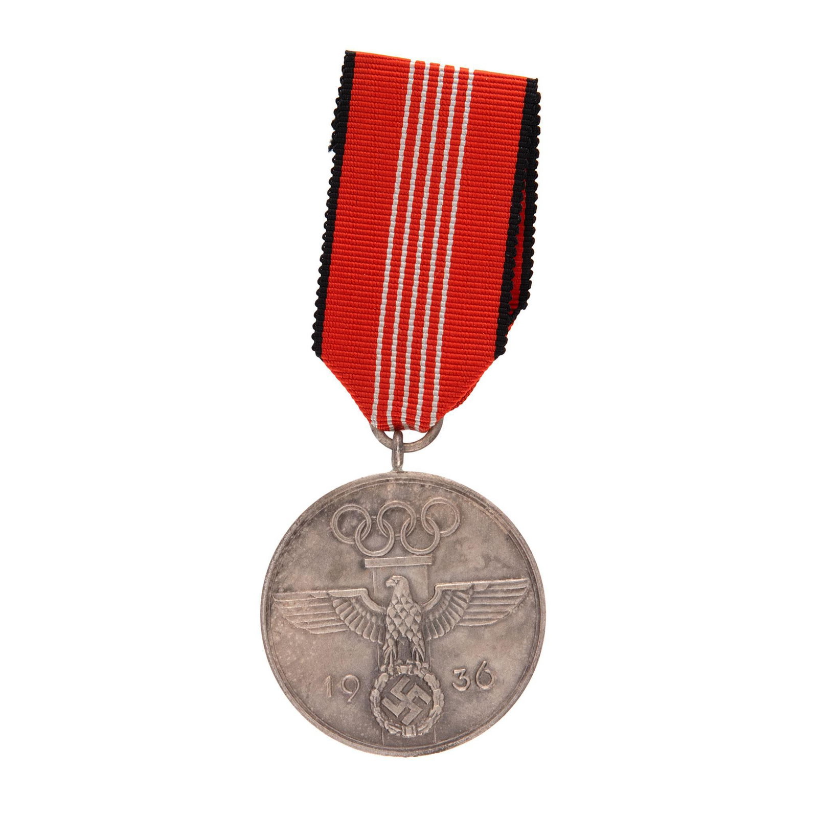German WWII 1936 Berlin Olympics Participant Decoration: Lot includes WWII 1936 Berlin Olympics Participant Decoration. Measures 1 1/2'' in diamter. The front shows an eagle clutching a swastika in his talons in the center. There are five Olympic rings at t