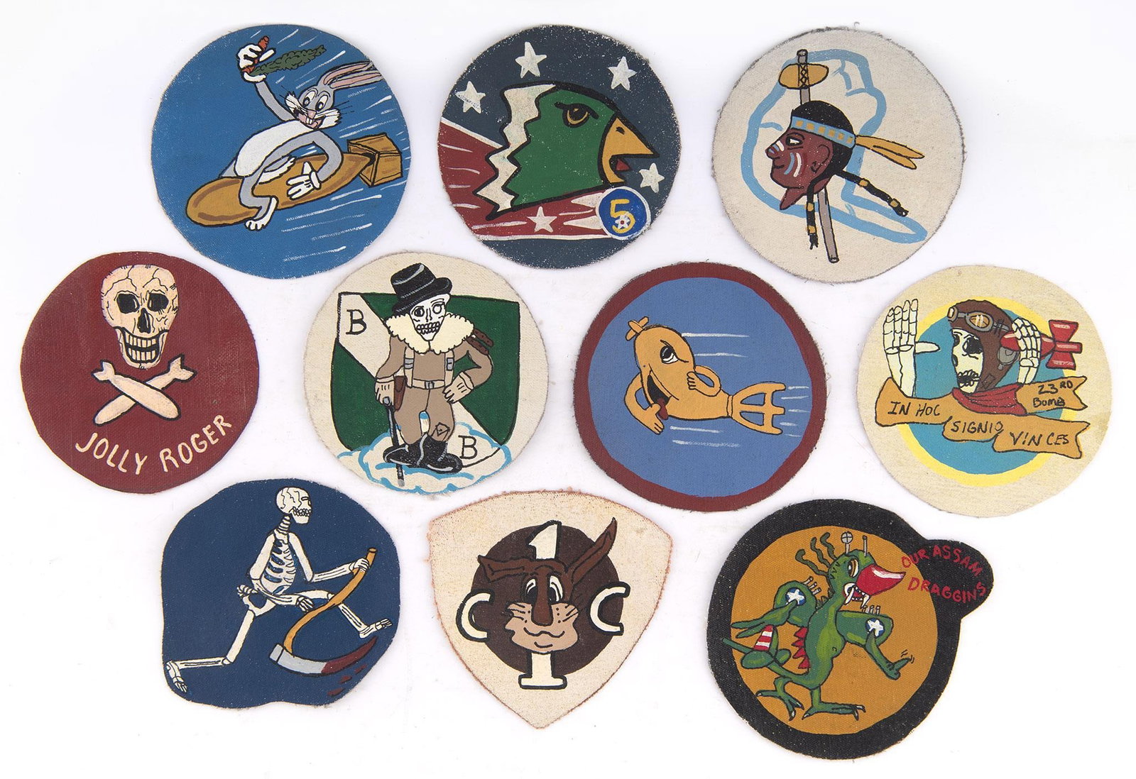 (10) USAAF WWII Army Air Force RKO Radio Squadron Patches: Lot includes (10) USAAF WWII Army Air Force RKO Radio Squadron Patches. They measure approximately 5 1/4'' in diameter. Most are identified on the reverse side. Each one is stamped 'RKO Radio Pictures