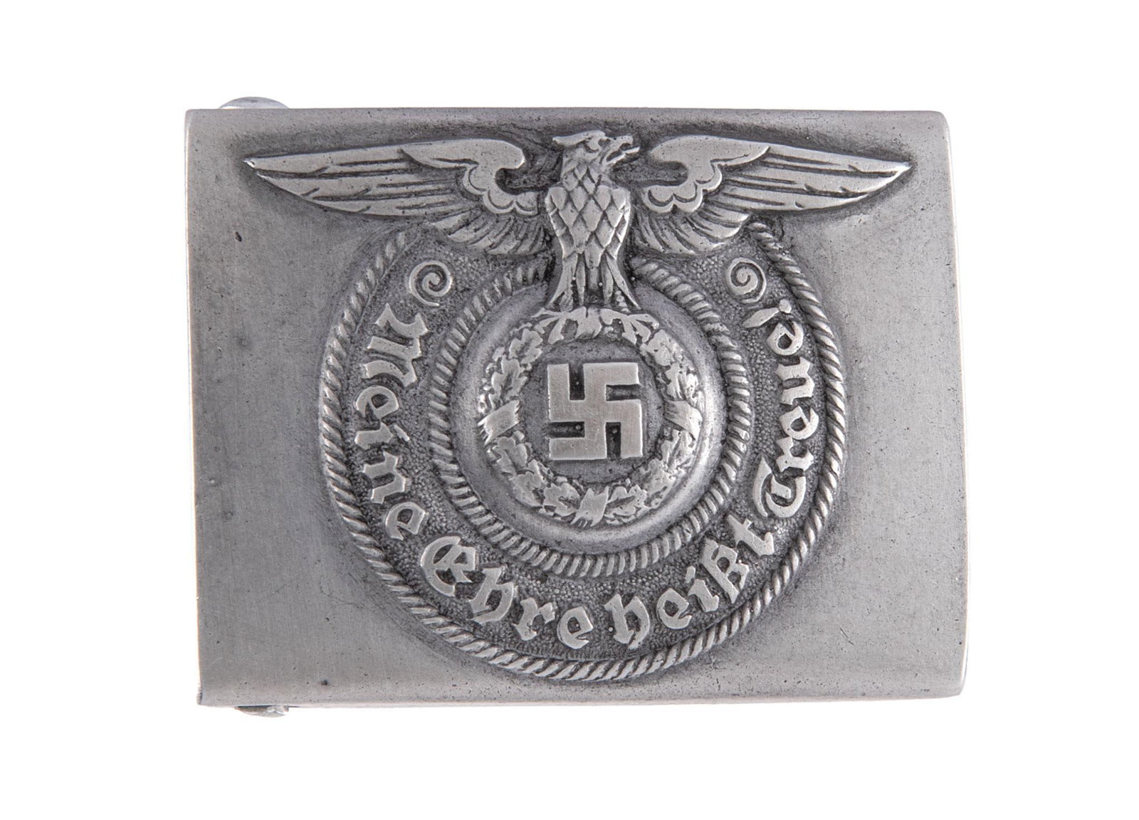 German WWII Waffen SS Schutz Staffel EM Belt Buckle: Lot includes WWII Waffen SS Schutz Staffel EM Belt Buckle. Measures 1 5/8'' wide by 2 1/16'' tall. The front shows a Waffen SS eagle clutching a swastika in his talons in the center. It reads 'Meine E