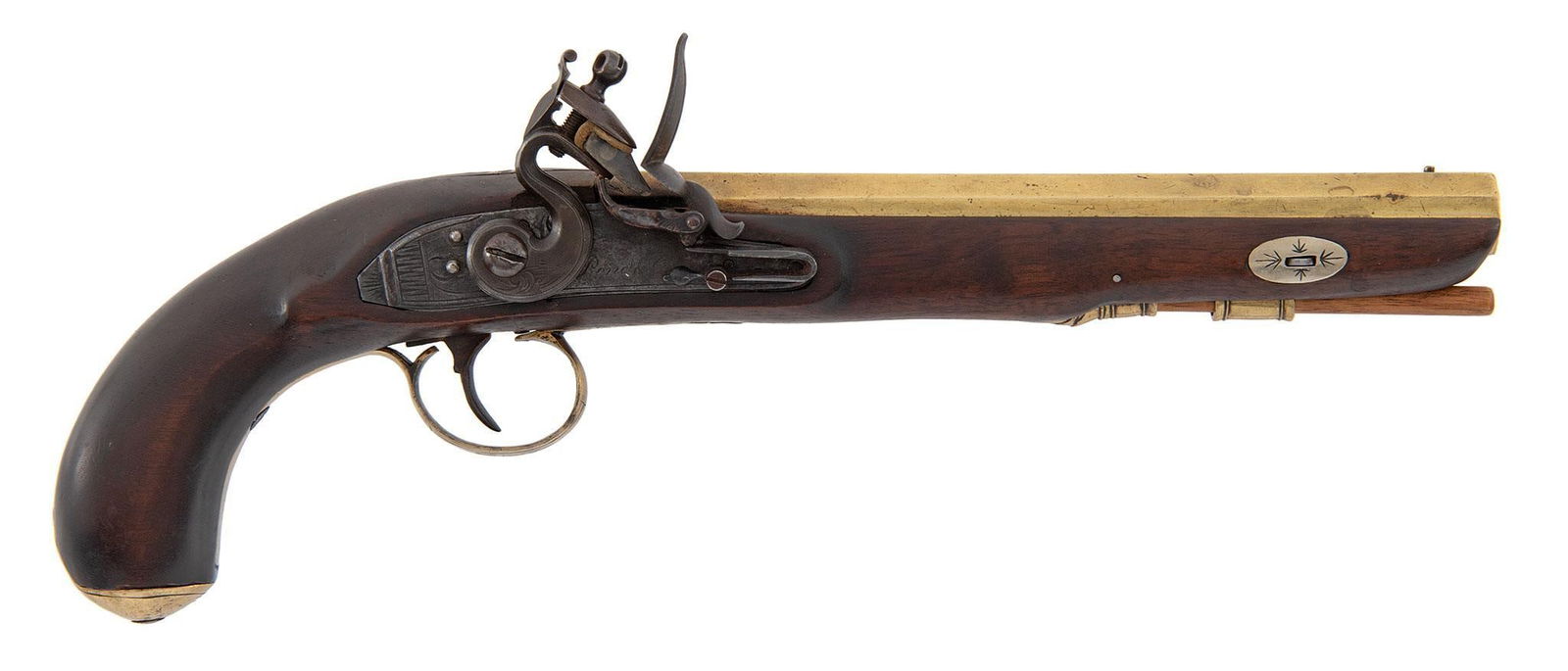 English Flintlock Pistol by Pond & Co: .540 bore diameter, 9" octagonal brass barrel with Birmingham proofs. Engraved lock marked Pond & Co.. 20th century walnut sock. Brass furniture. Excellent overall.