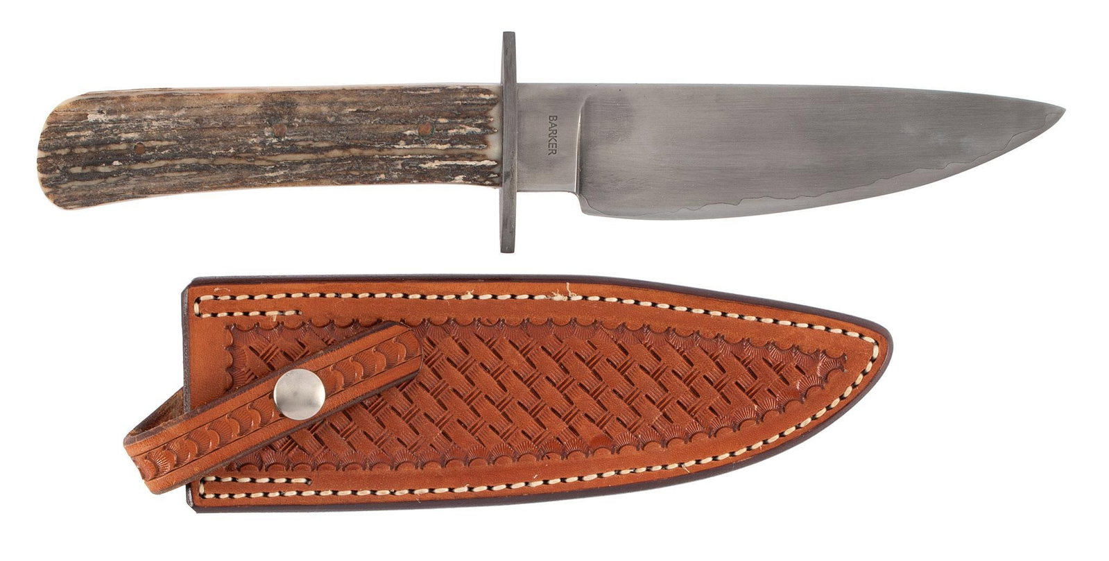 Custom Made Knife And Sheath By J.Baker: 6.5 straight point blade length with an overall length of 12". Marked on the left side of ricasso "JS" and on the opposite side "Barker". Hardened steal guard with stag grip held by 3 brass pins. Cust