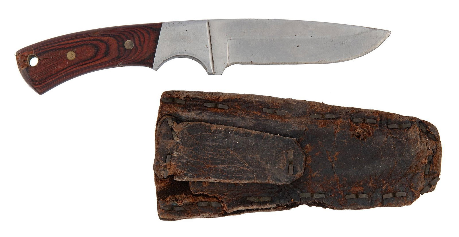 Grouping of Pocket knives: Lot consists of 2 fixed blade knives with sheaths, 1 letter opener, and 2 pocket knives. Fair condition overall.