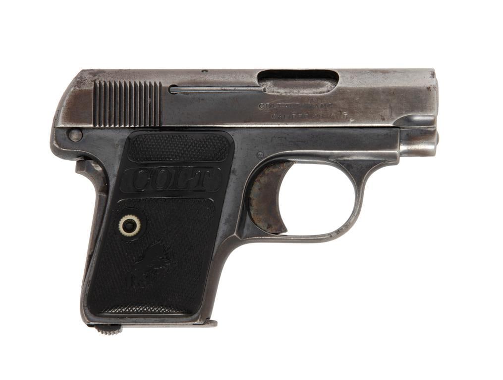 **Colt 1908 Vest Pocket Pistol: .25 caliber, 2" barrel, S/N 221264 (ca. 1919). Blued finish with checkered Colt grips. Slide marked with two-line Colt patent dates and rampant colt. Bottom of magazine shows Colt markings. Good condi