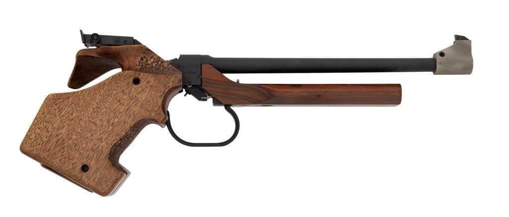 Swiss Hammerili .22 Custom Target Pistol: .22 caliber, 11.5" barrel, S/N 11037. Matte finish with adjustable target grip. Blade front sight with adjustable target rear sight. Wood forend with counterweights. Trigger actuated by electrical tri