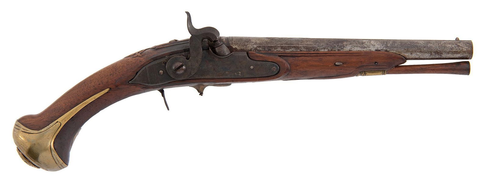 Percussin European Single Shot Pistol: .550 bore diameter, 9" tapered round barrel, Notched tang sight. Walnut stock with brass furniture. Missing triggerguard and lower fittings. The stock has been cleaned. Some nicks and dings. Overall g