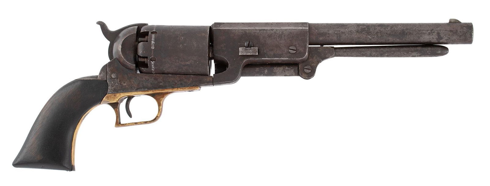 Contemporary Copy Of A Civilian Colt Walker Revolver: .44 caliber, 7.5" octagonal to round barrel, S/N 1080, Small font size numbers, no markings on the barrel, or on the right side of barrel lug. Square back brass triggerguard. Iron backstrap, walnut gr