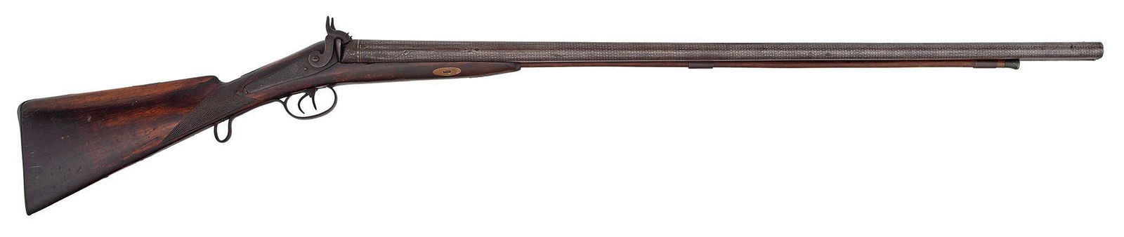Percussion Shotgun: 12 gauge, 37" barrels, engraved back-action percussion locks, platinum inlay lines at the breech. Checkered walnut stock. Iron triggerguard and buttplate. All metal has a nice dark even patina. Stock