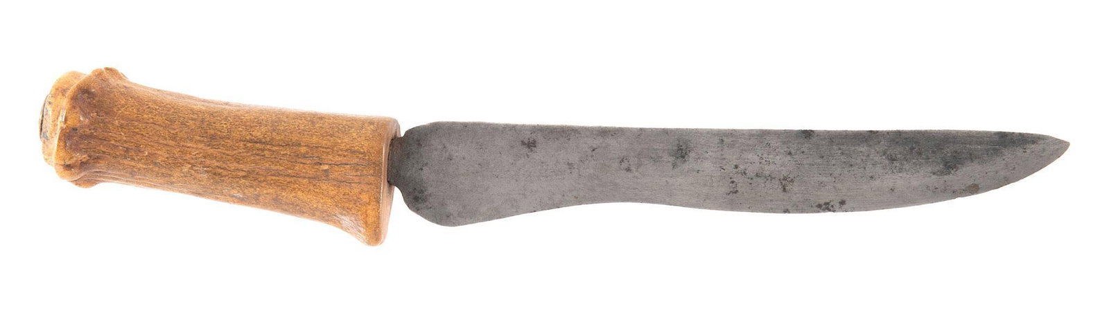 Primtive Stag Handled Hunting Knife: 7.25" spear point blade. Stag handle. The blade is mostly gray with some staining. The handle with nice old look.