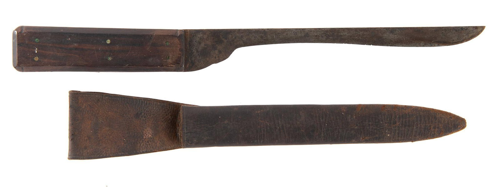 Large Skinning Knife: 10.25" blade, rosewood handle with a primitive made leather sheath. Overall very good condition.