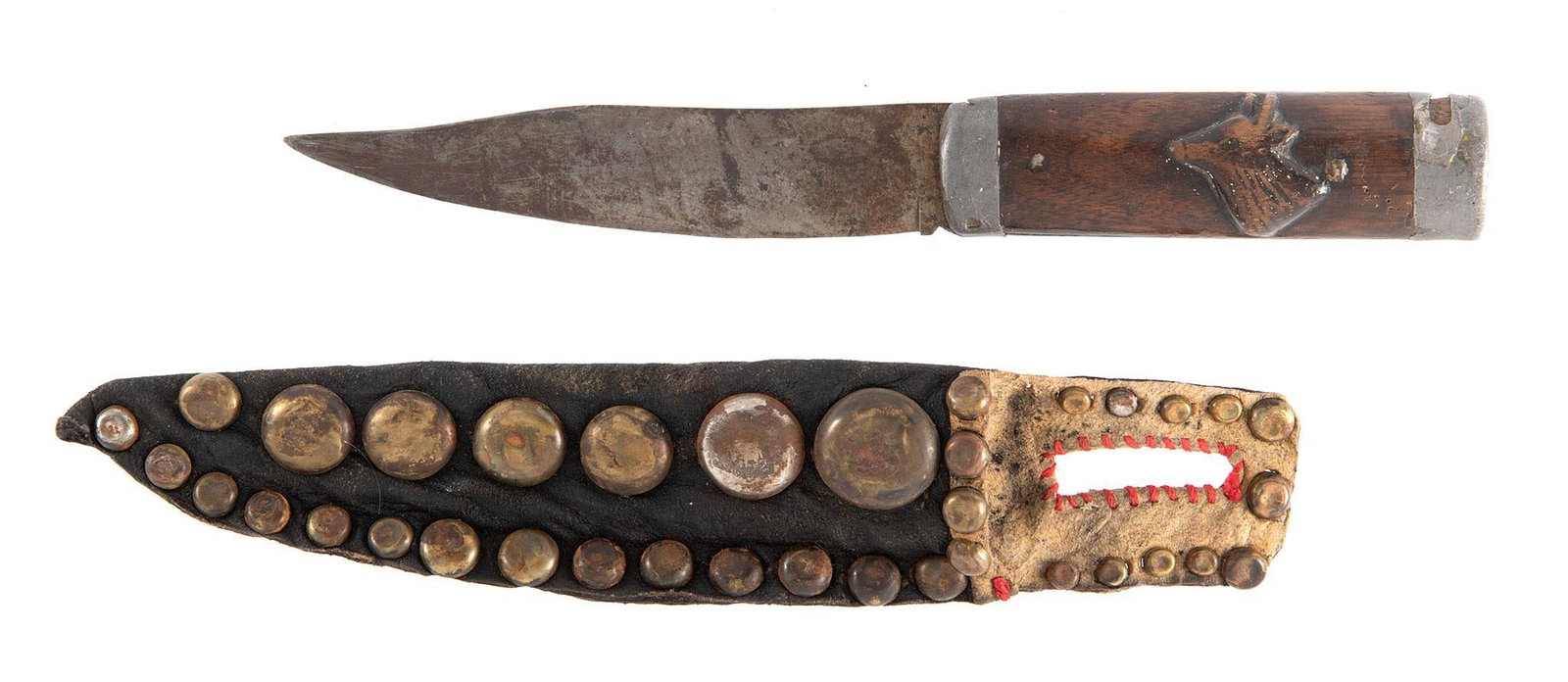 Native American Clipped Point Bowie Knife: 5.25" clip point blade, Carved wood handle with Bear and stag. Poured lead pommel and guard. Sheath made from animal hide with metal medallions use for decorations. A truly great Native American