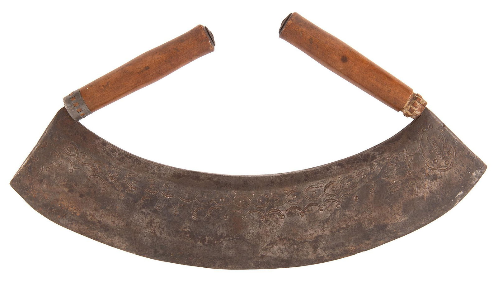 Antique Mezzaluna Rocker Knife: 23" curved blade, 4.75" wide blade, two oak handles. The blade is decorated and has a makers marked. Weighs 17 pounds.