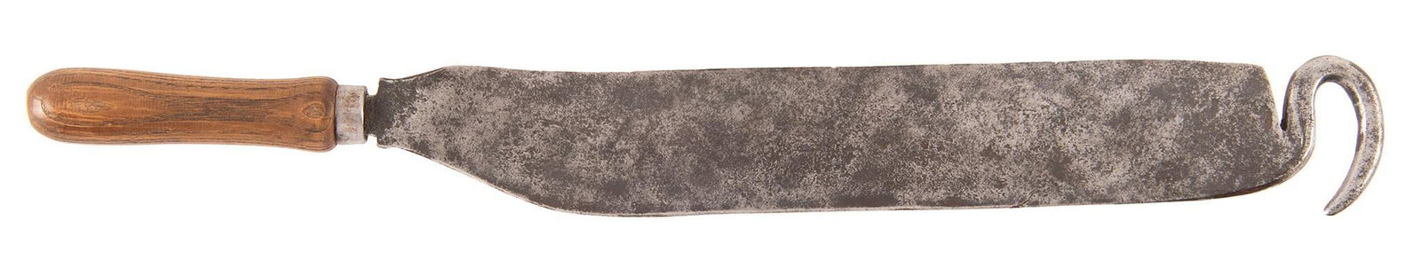 Antique Draw Knife: 15" blade , overall lenght 25", hook on one side to aid in pulling the knife and a Oak handle. Fancy design along the back edge with the initials I.B in a circle. The metal is mostly gray and