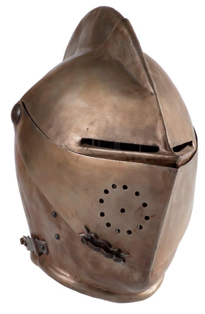 20th Century Contemporary Copy of a Close Helmet with Miniature Armor: A 20th century copy of an early 16th century German close helmet. The skull made in two pieces with good form. Includes miniature suit of armor. **Condition is fine throughout. Of better quality