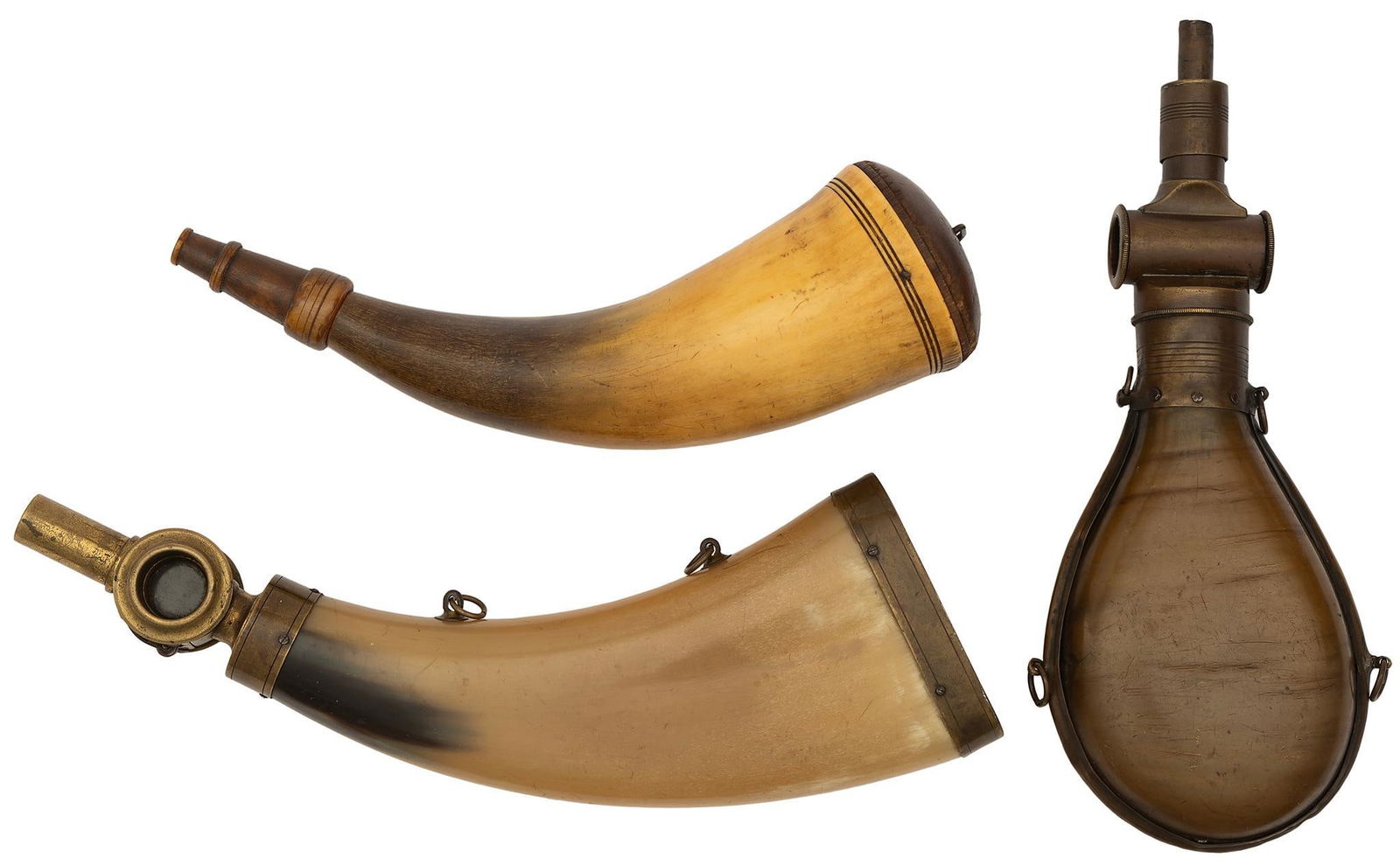Grouping of 19th Century Powder Horn and Flasks: Lot consists of 319th century powder horns; largest 9 x 6 inches. Overall good plus condition, see photos.