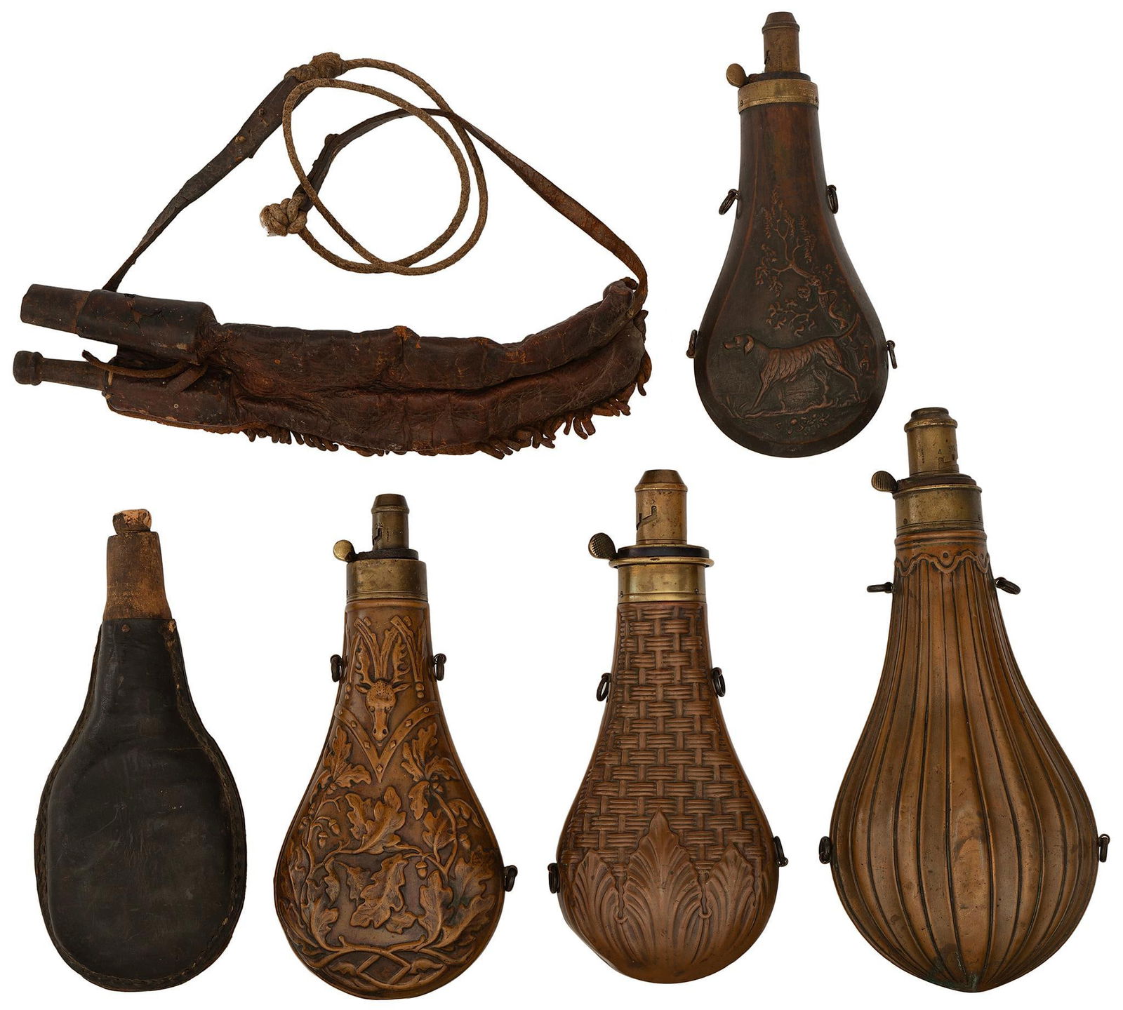 Grouping of Various 19th Century Brass and Leather Powder Flasks: Lot includes 5 brass and 1 leather powder flask, several marked include Hawksley, Drams (2), and Dixon & Son. Largest flask measures 10 x 4.5 inches.