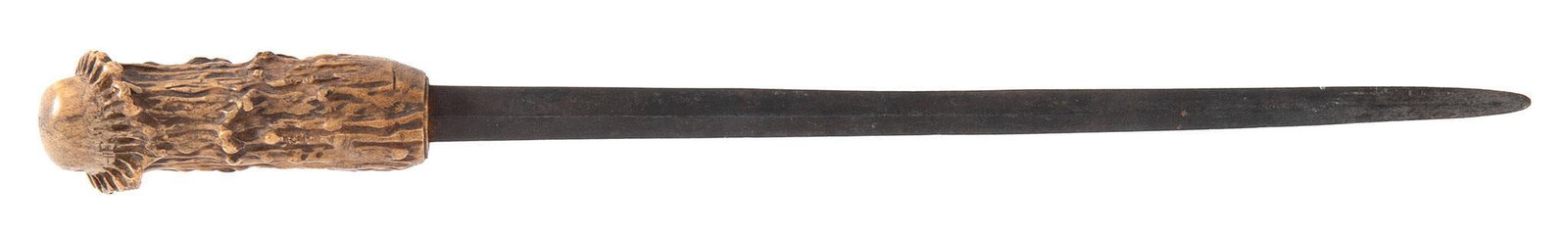 Antique Stag Handled Spear Point Hunting Knife: 12"long 1/2 wide taper to a spear point blade. The blade is mostly dark brown with some staining. Stag handle. Overall good.