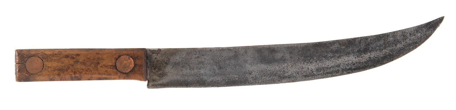 Large Bowie Knife: 12" clip point blade, Birdseye maple handle with copper escutcheons. The blade has some dark staining, mostly gray. The handle ie very good.