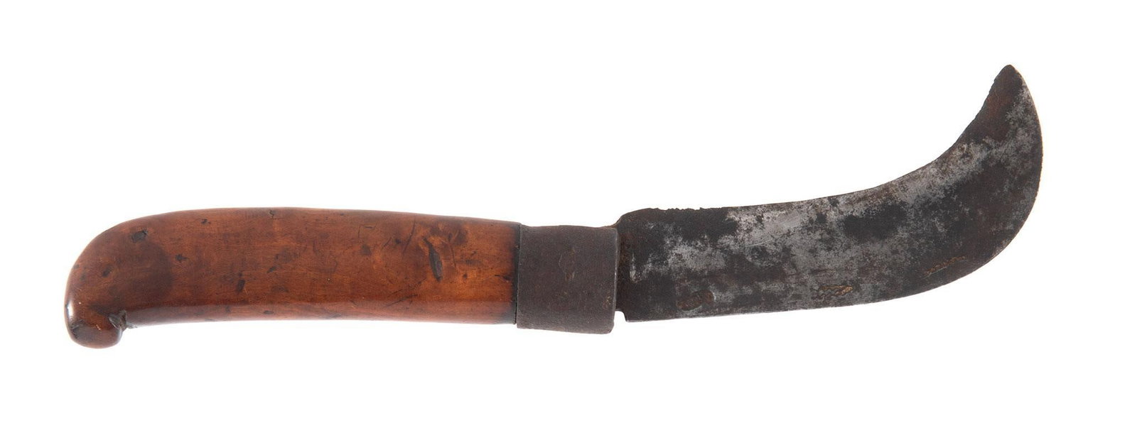 Antique Folding Knife: 3.75" hawkbill blade, fancy fruitwood handle. The blade is mostly brown with some staining.