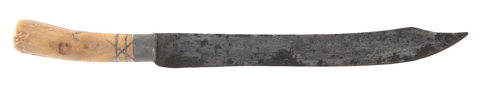 Stag Handled Clipped Point Hunting Knife: 11.5" clip point blade, bone handle with poured pewter ferrule and designs on the bone handle. More than likely part of an old Buffalo skinning set. Nice solid and good condition.