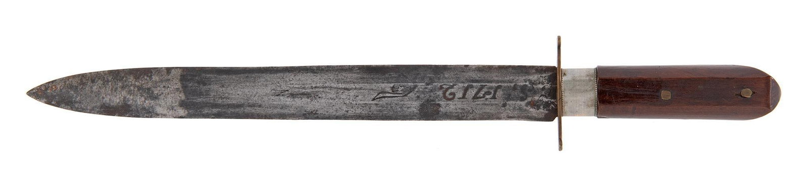 Spear Point Spanish Dagger: 9.5" spear point blade, Brass guard, silver plated ferrule. Rosewood handle. The blade is marked Toledo. Overall good condition.