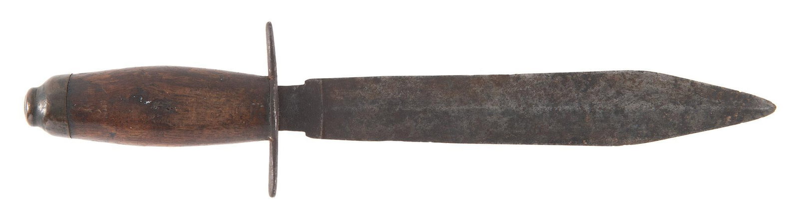 Primitive Civil War Spear Point Bowie Knife: -8.75" spear point blade, Iron guard wood handle with Iron pommel. The blade and ferrule have a nice even look with dark brown patina. The handle has three initials carved into the handle W.P. K.