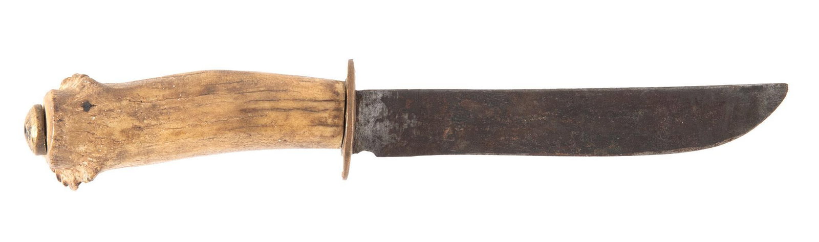 Stag Handled Hunting Knife: 5.25" balde length, Brass guard and stag handle. Overall good condition, solid.