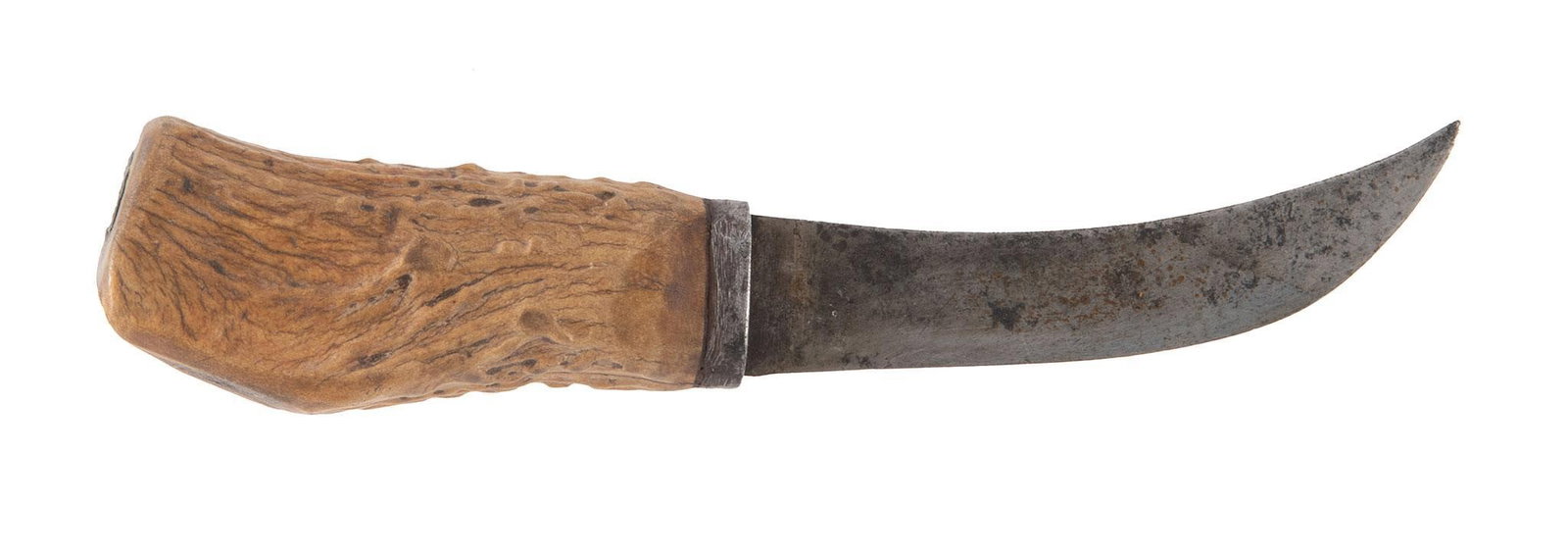 Stag Handled Skinning Knife: 5" curved blade, Stag handle. The blade is smooth and gray with some staining. The handle with a nice mellow look.