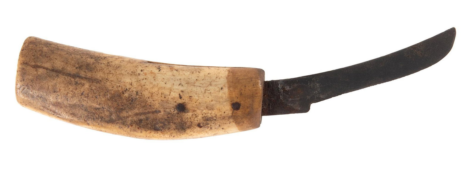 Stag Handled Hunting Knife: 4" curved blade, stag handle. The blade is mostly brown with some staining. The handle with nice old mellow look. Overall a very good example of a piece Americana.