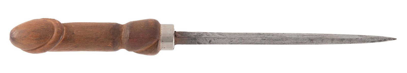 Carved Wood Handled File: 6.5" triangular blade, Made from a file, carved wood handle. Overall very good.